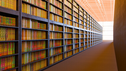 架空のコミック雑誌が大量に並ぶ本棚
