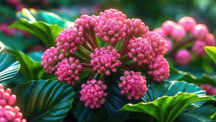 Fototapeta premium Pink cluster flowers surrounded by green leaves.