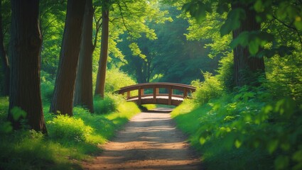A pathway in a lush forest with tall trees and a small wooden bridge. Nature and greenery, scenic landscape. The tranquil environment of a forest trail.