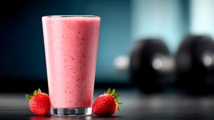A refreshing strawberry smoothie in a glass, garnished with fresh strawberries, set against a blurred background of weights.