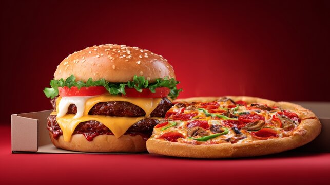 Hamburger and a pizza are displayed on a red background. The hamburger is a double cheeseburger with a slice of tomato on top. The pizza is a pepperoni pizza with mushrooms and peppers