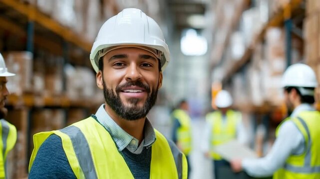 Smiling warehouse worker wearing a hardhat and safety vest amidst rows of stocked shelves. Focus on safety, service, and a positive work environment.