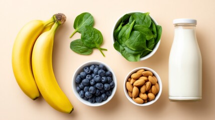 A colorful arrangement of bananas, spinach, blueberries, almonds, and milk on a pastel background, highlighting healthy food choices.