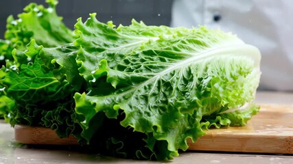 Fresh green lettuce being washed with clean water on a wooden cutting board in a kitchen.