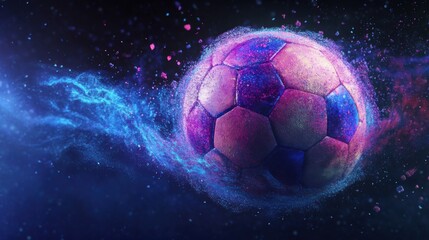 Naklejka premium Dynamic soccer ball soaring through nebula, energy trails and vibrant hues