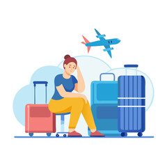 Upset woman airport passenger sits among tourist suitcases and waits for plane that is late due to bad weather. Concept of flight cancellation causing inconvenience to airport passengers See Less