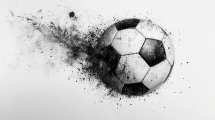 Dynamic monochrome rendering of a soccer ball disintegrating into particles