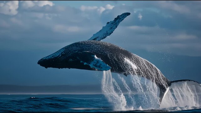 Humpback whale jump Megaptera breaches near East London South Africa. Shot in Tonga or South Africa. Humpback whale jumps out of the water, vertical video. Wildlife giant marine mammal. Amazing animal