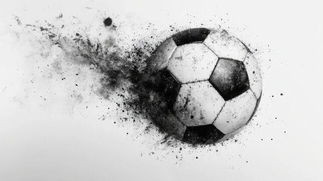 Dynamic monochrome rendering of a soccer ball disintegrating into particles - Powered by Adobe