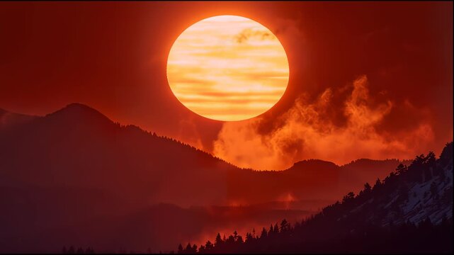 Big sun close-up rising at mountain. Beautiful nature video time lapse landscape.