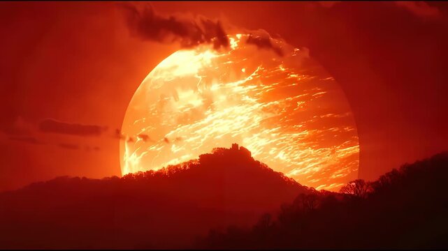 Big sun close-up rising at mountain. Beautiful nature video time lapse landscape.
