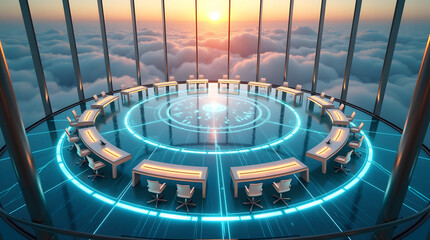 Futuristic Round Meeting Table with Digital Holographic Interface

