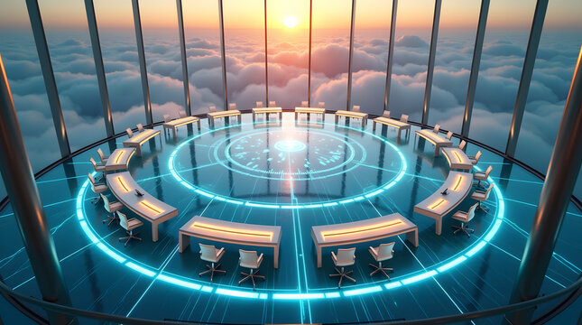 Futuristic Round Meeting Table with Digital Holographic Interface

