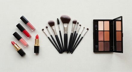 A collection of professional makeup brushes, lipsticks, lip glosses, and an eyeshadow palette laid out on a textured white surface