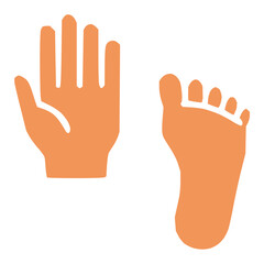 Silhouette of an orange hand and foot on a white background. The hand is open with five distinct fingers, and the foot shows five toes. Both shapes are stylized and simplified, emphasizing the basic f