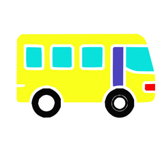 Stylized illustration of a yellow bus with blue windows and a purple door. The design features a simplified, cartoon-like appearance with bold outlines and bright colors. The bus has two large black w