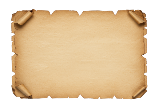 Aged parchment document, torn, warm brown, rich texture, faint script, flat on transparent background, overhead, sharp focus, concept of history, legacy, knowledge.