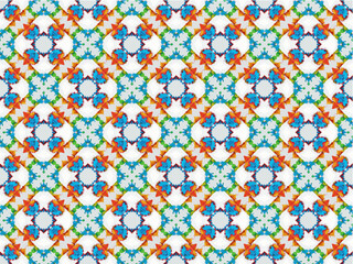 Intricate geometric pattern featuring symmetric, interlocking shapes in blue, orange, red, and green tones. The design forms a repetitive, seamless lattice, creating a visually complex and vibrant tap