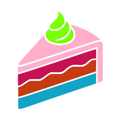 Colorful illustration of a cake slice with a pink top layer and vibrant, contrasting layers of red, orange, and blue. The piece is topped with a bright green whipped cream swirl. The bold outlines and
