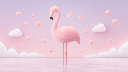 Fototapeta premium Flamingo cartoon, A whimsical flamingo surrounded by hearts and clouds against a pastel sky.
