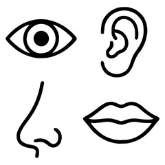Black and white icon set depicting human senses. Includes a stylized eye, ear, nose, and lips. Each symbol is outlined in a bold, smooth line. The eye is almond-shaped with a central pupil. The ear is