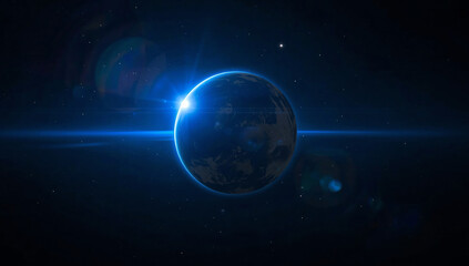Fototapeta premium Epic cinematic sci-fi space scene with a dramatic blue light flare bursting from behind a detailed planet, creating an awe-inspiring cosmic atmosphere
