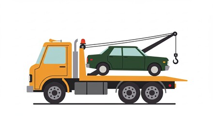 Yellow Tow Truck Carrying Green Car on White Background