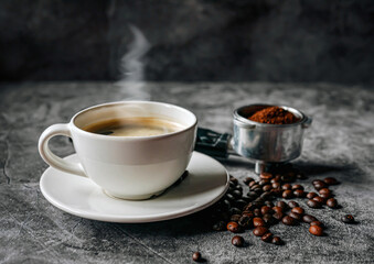 Aromatic Coffee cup and beans with ground coffee on Portafilter, Espresso coffee cup aromatic and making equipment