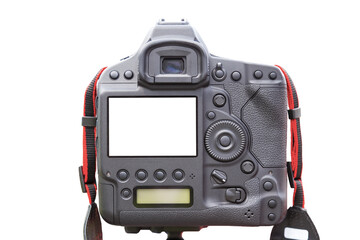 DSLR camera with white screen on white background.
