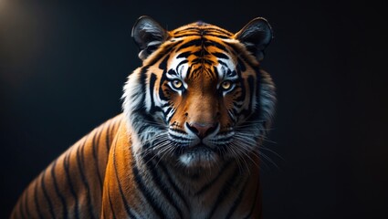 Tiger face close-up, with striking blue eyes and orange-black striped fur. Wildlife and animal photography. Majestic and powerful wild cat.