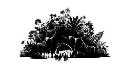 unveiling the mystery a crowd gathers before a lush hidden cave entrance in a tropical jungle symbolizing exploration discovery and the quest for the unknown