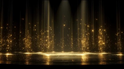 Award party stage golden glitter animation. stars lights particles. Luxury light streak. Particle, luxury awards ceremony background, Oscar 4K 3D spot flashing party stage new year. 3D Illustration