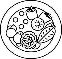 Top view line art of a healthy meal on a plate food nutrition