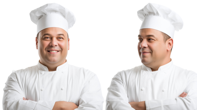 Two chefs in uniforms with arms crossed