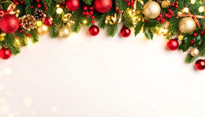 Christmas festive border background with a top frame decorated with pine branches, red and gold ornaments, and sparkling lights on a white backdrop