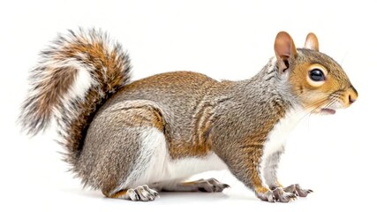 Side profile of a gray squirrel, showing its bushy tail, fur, and small pink nose