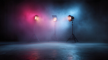 Three stage lights on stands with colored gels illuminating a smoky dark stage floor