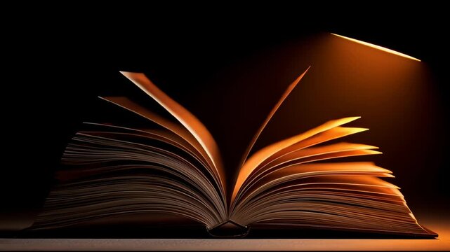 Pages of old book turning under light of table lamp on black background close-up