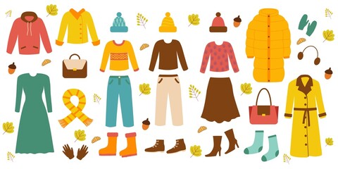 Modern warm wear, casual style, down jackets, bombers, knitted sweaters, hats and scarves, jackets and boots