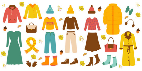 Fototapeta premium Modern warm wear, casual style, down jackets, bombers, knitted sweaters, hats and scarves, jackets and boots