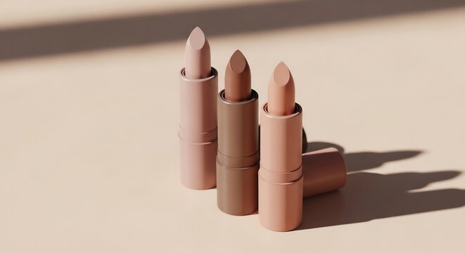 Three shades of nude lipstick arranged in a studio setting with soft lighting and shadows