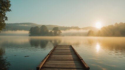 Fototapeta premium Calm lake scene with a wooden dock, mist over water, and sunrise or sunset, creating a peaceful and tranquil atmosphere.