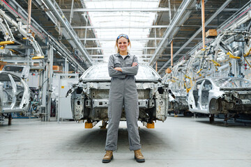 Proud female automotive worker in gray jumpsuit stands with arms crossed by a partially assembled car, wearing safety gear on the factory floor under daylight panels.