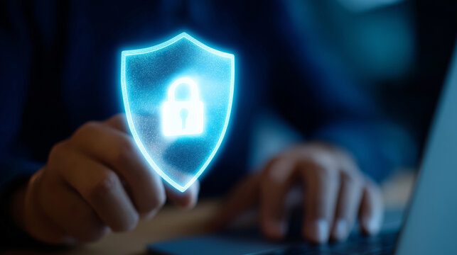 Futuristic Cybersecurity Concept with Holographic Shield and Laptop