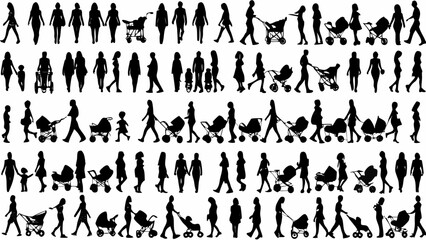 Silhouette collection showcasing women walking alone with children and pushing baby strollers in various poses