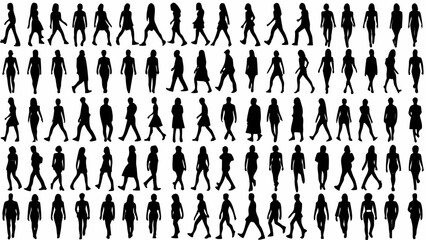 Illustration of a large group of black silhouettes of people walking in various directions and poses