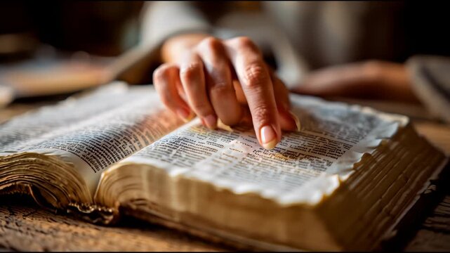 Bible open as woman hand follow scripture study and faith. Finger moves over sacred verse. Christian teachings bring guidance. Holy book offers spiritual devotion and wisdom