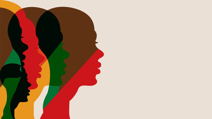 Overlapping silhouettes of diverse faces in shades of brown green red and yellow on a light background