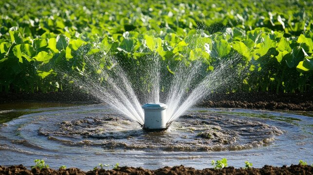 Agricultural irrigation sprinkler watering green field on a sunny day - Powered by Adobe