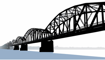 Obraz premium Silhouette of a long arched bridge spanning water with a city skyline in the background on a white day | editable eps vectors